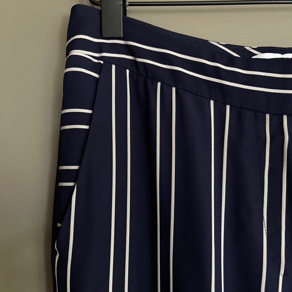 La Ligne Hardy Striped Crepe Flared Pants Navy Blue White High Waist Sz 2 Flowy - Picture 6 of 16